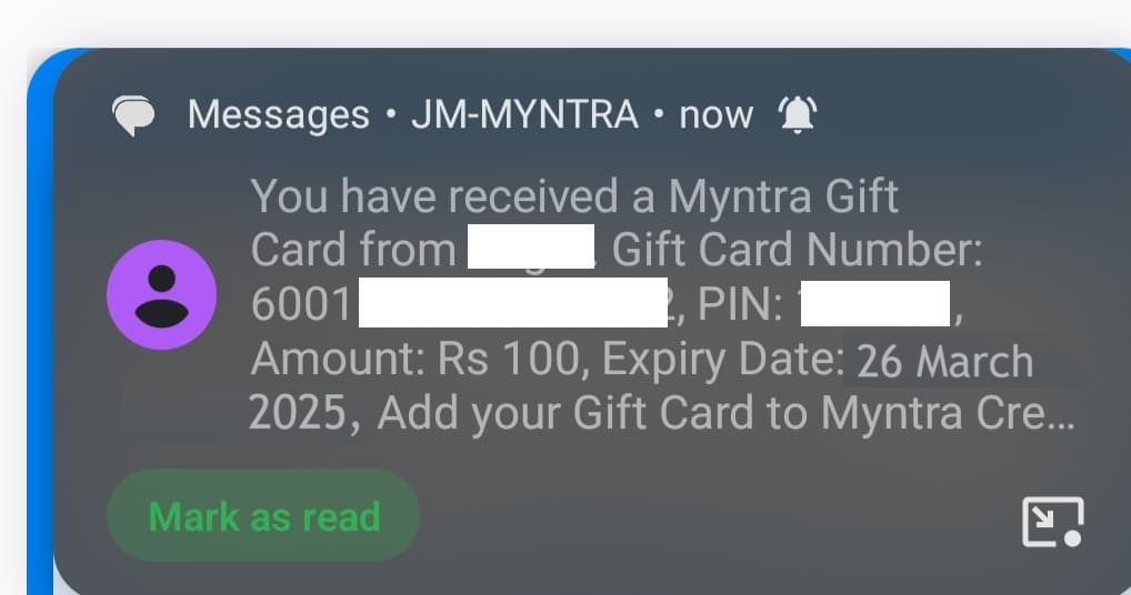 Myntra gift card details message