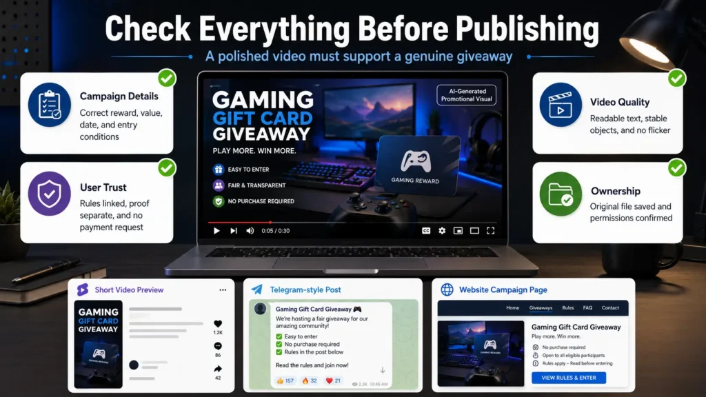 Final review checklist for a gaming gift card giveaway video